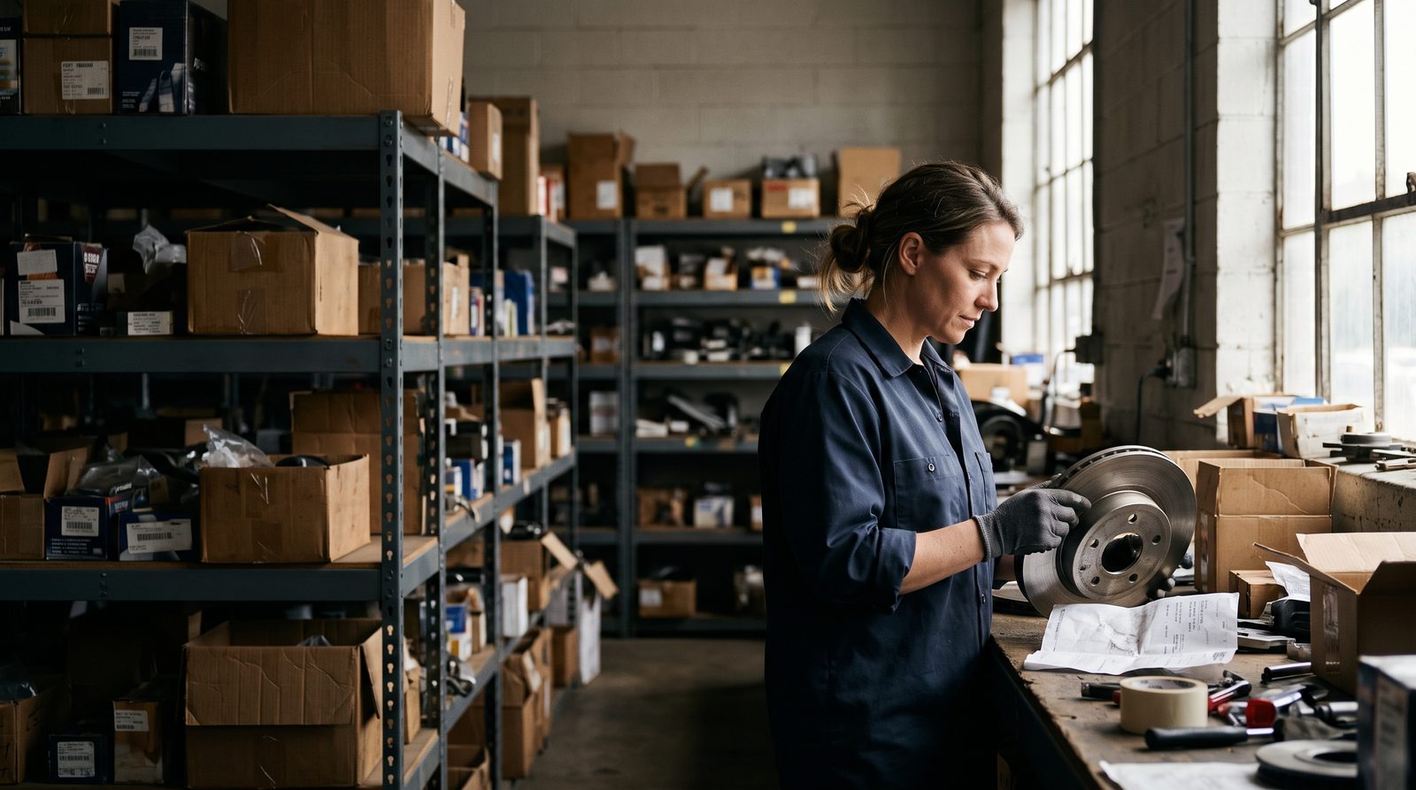 A warehouse worker checks a brake rotor against a packing slip at a packing bench.
