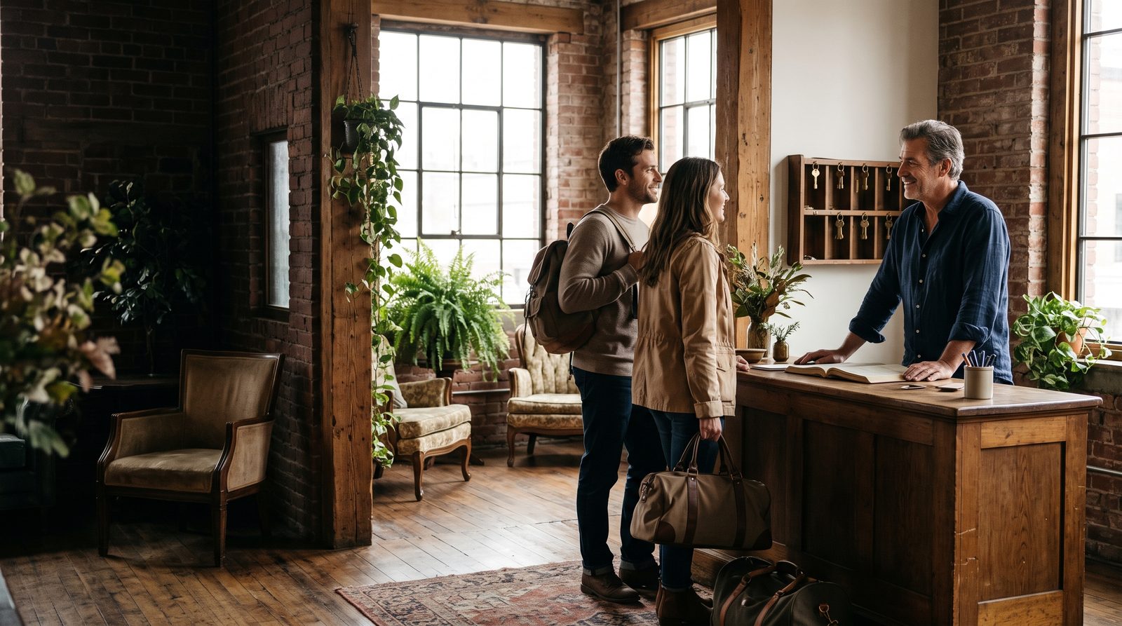 A boutique hotel owner welcomes a couple with weekend bags at a wooden reception desk