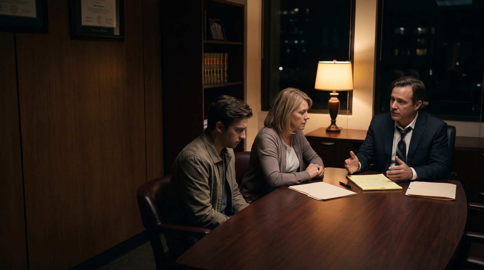 A defense attorney calmly talks with a mother and her adult son at an office table in the evening.