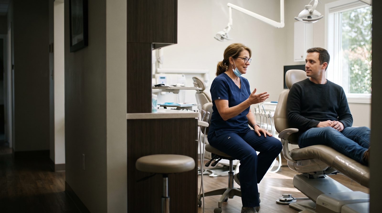 A dentist talks through options with a calm patient sitting upright in a dental chair