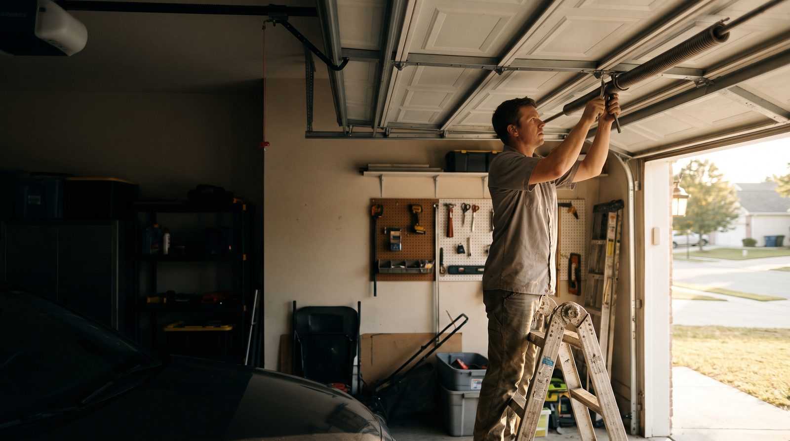 A garage door technician on a ladder adjusting the spring above a home garage door