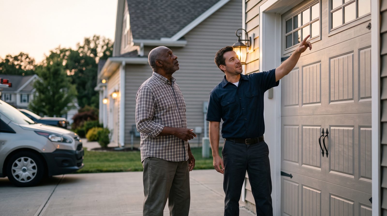 A technician and an older homeowner looking at a newly installed garage door