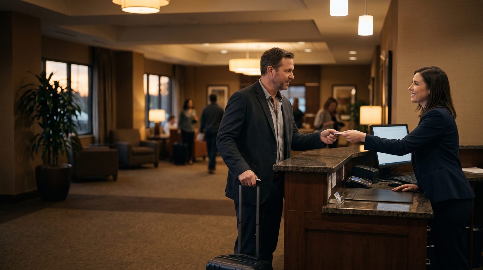 A hotel front desk agent hands a key card to a business traveler at check-in