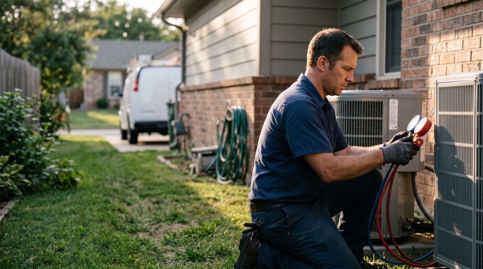 An HVAC technician checking gauges on an outdoor unit