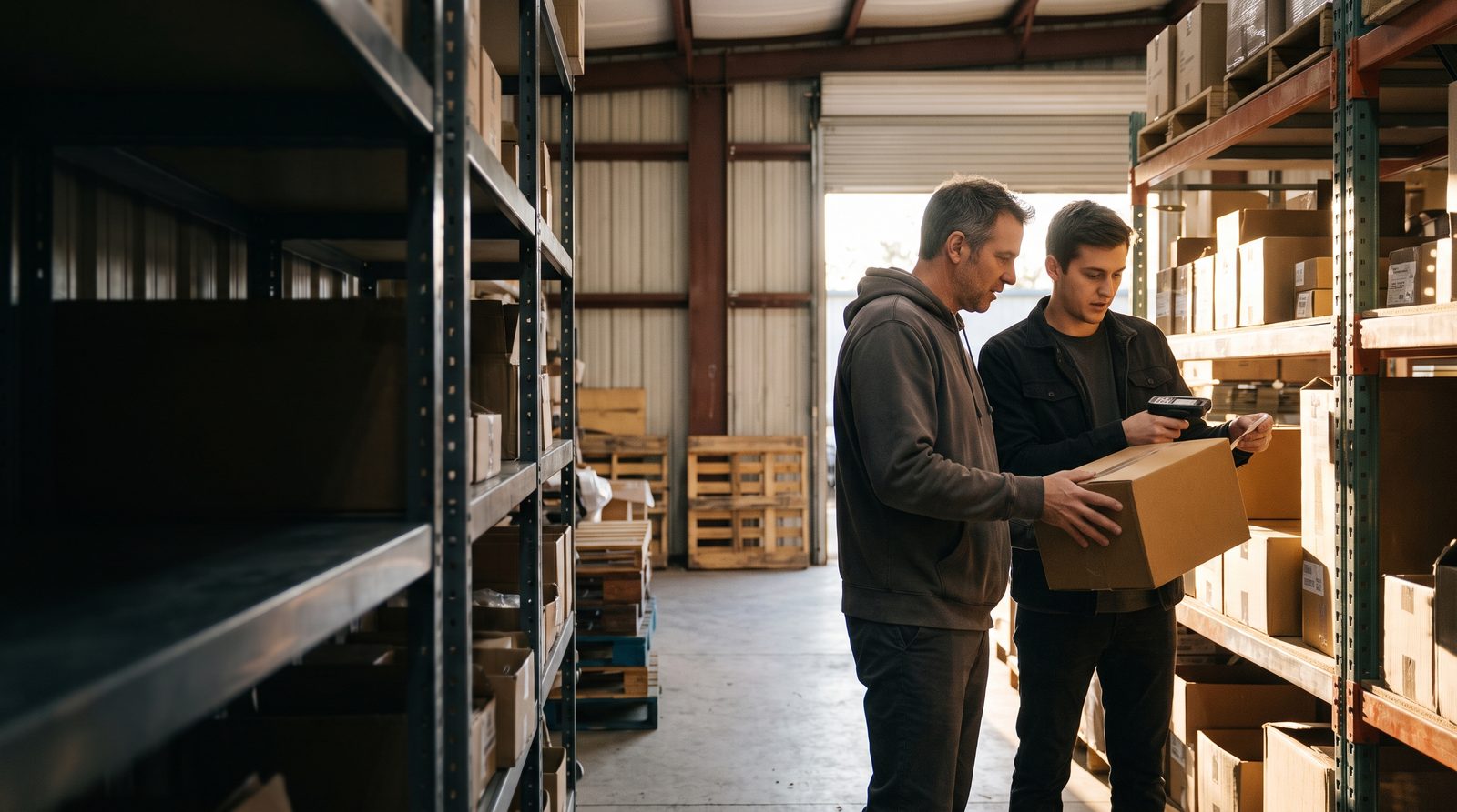 Two sellers check cartons on steel shelving in a small warehouse unit with a handheld scanner.