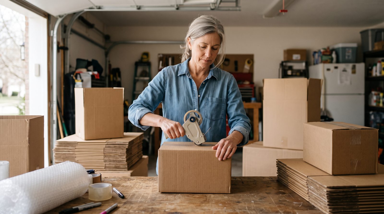 A woman tapes a shipping box at a workbench in her converted home garage.