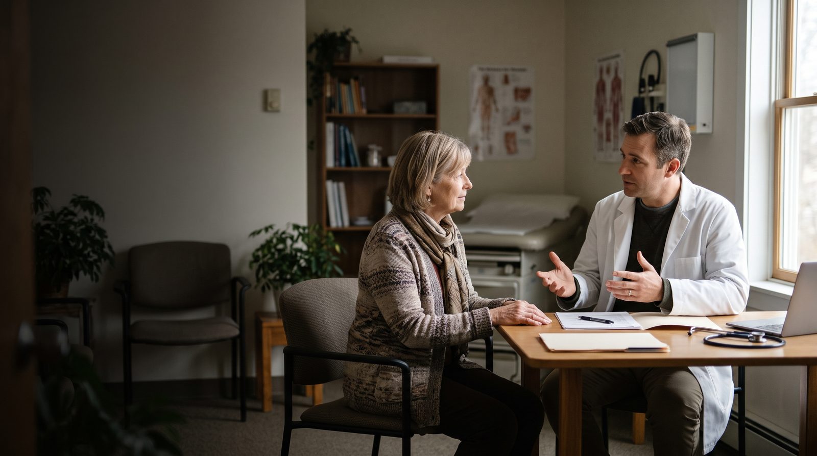 A physician in a white coat talks calmly with an older woman in a consultation room