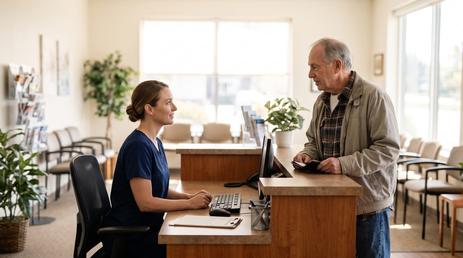 A receptionist in navy scrubs greets an older man at a clinic front desk