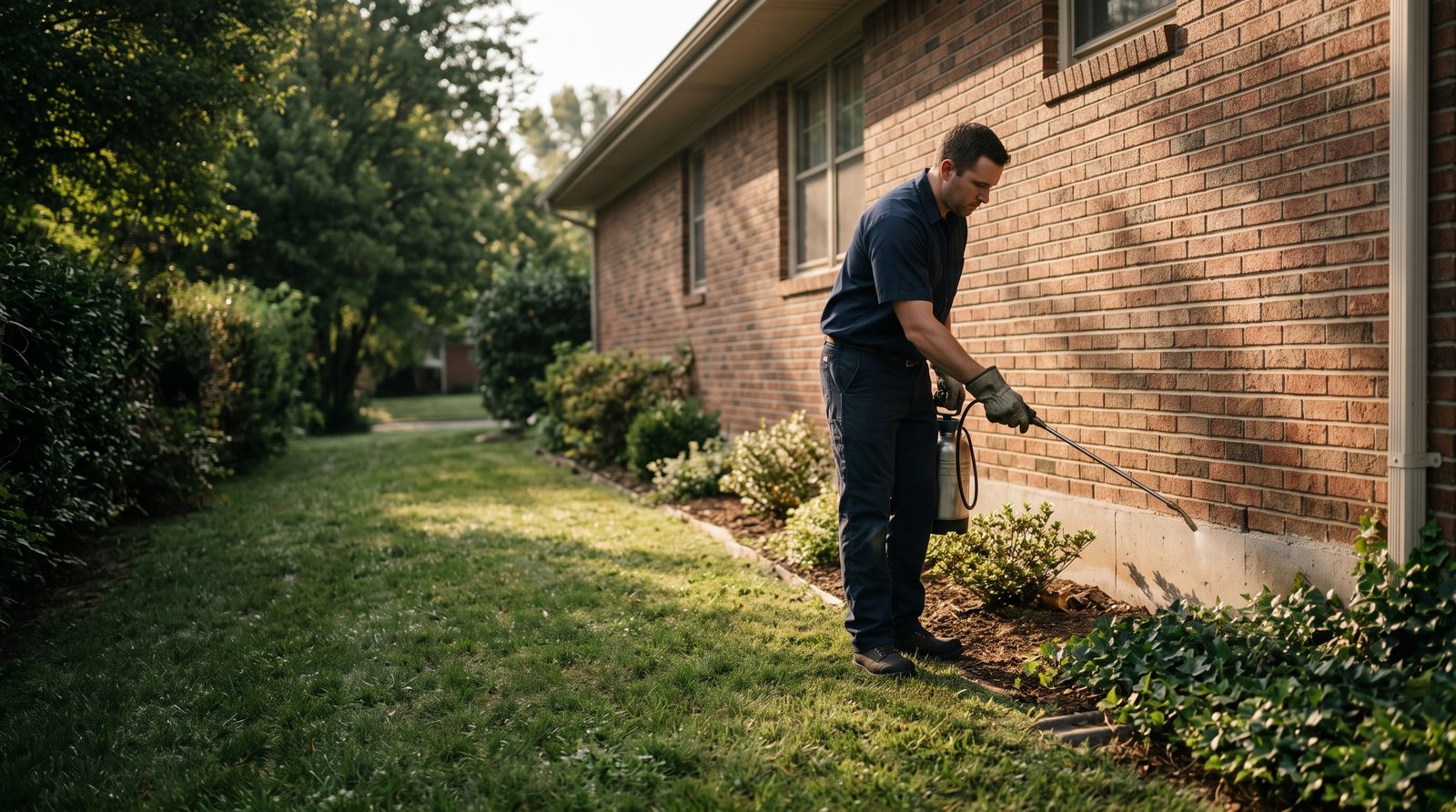 A pest control technician treating the foundation of a brick ranch home in morning light