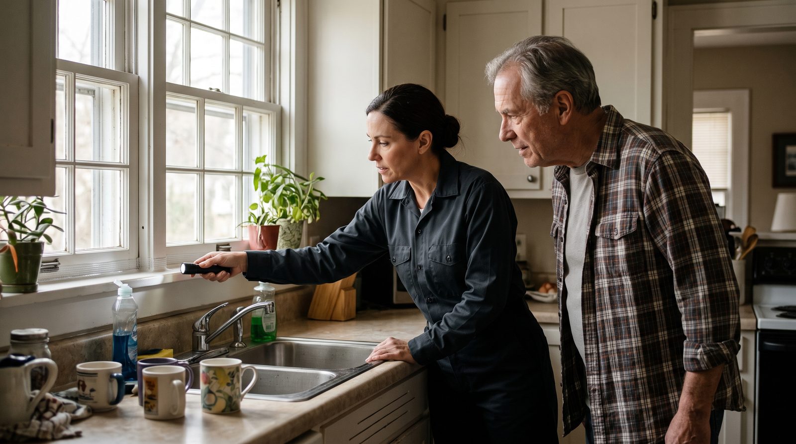 A pest control technician showing a homeowner a sealed gap along a kitchen window sill