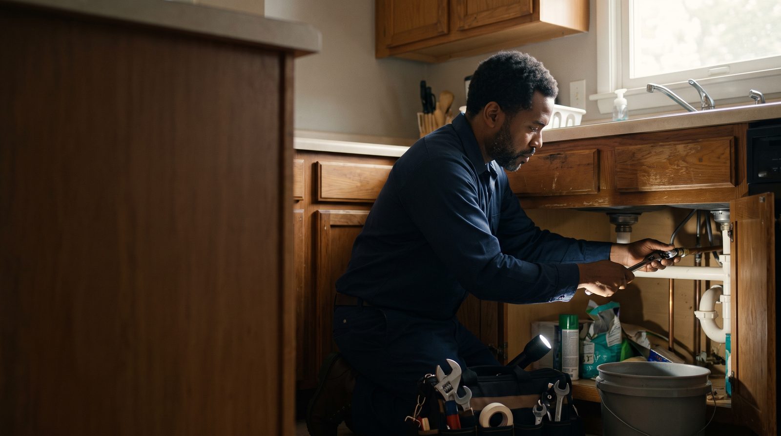 A plumber tightening a new shut-off valve under a kitchen sink in a suburban home